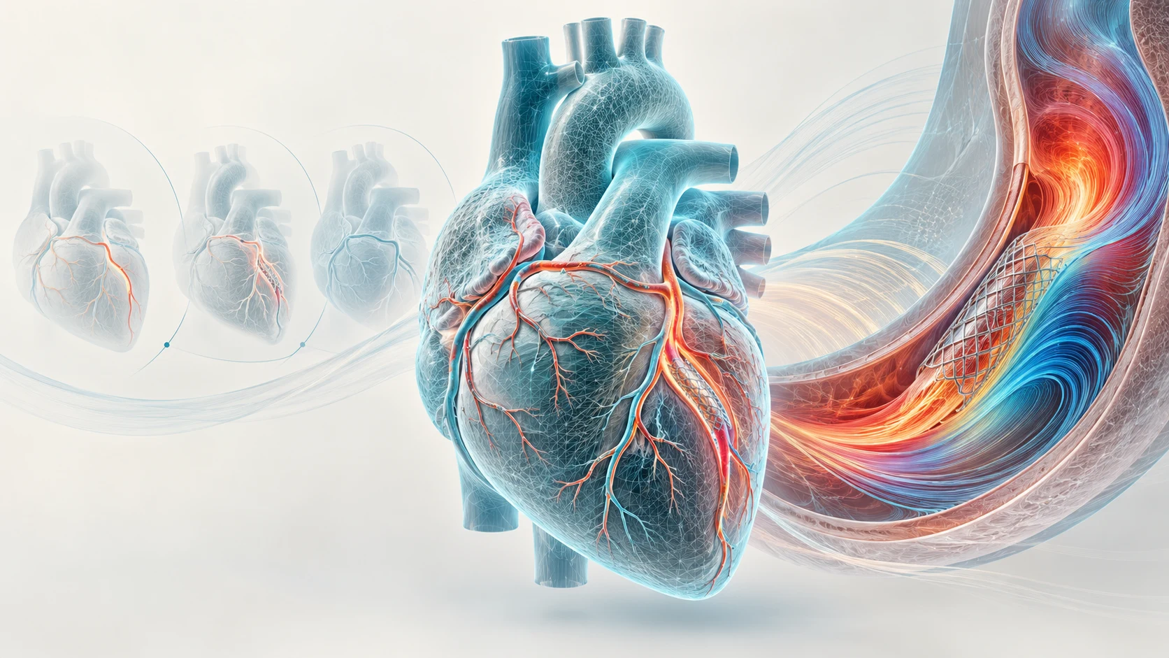 Illustration of a cardiac digital twin, blood-flow simulation and coronary stent planning