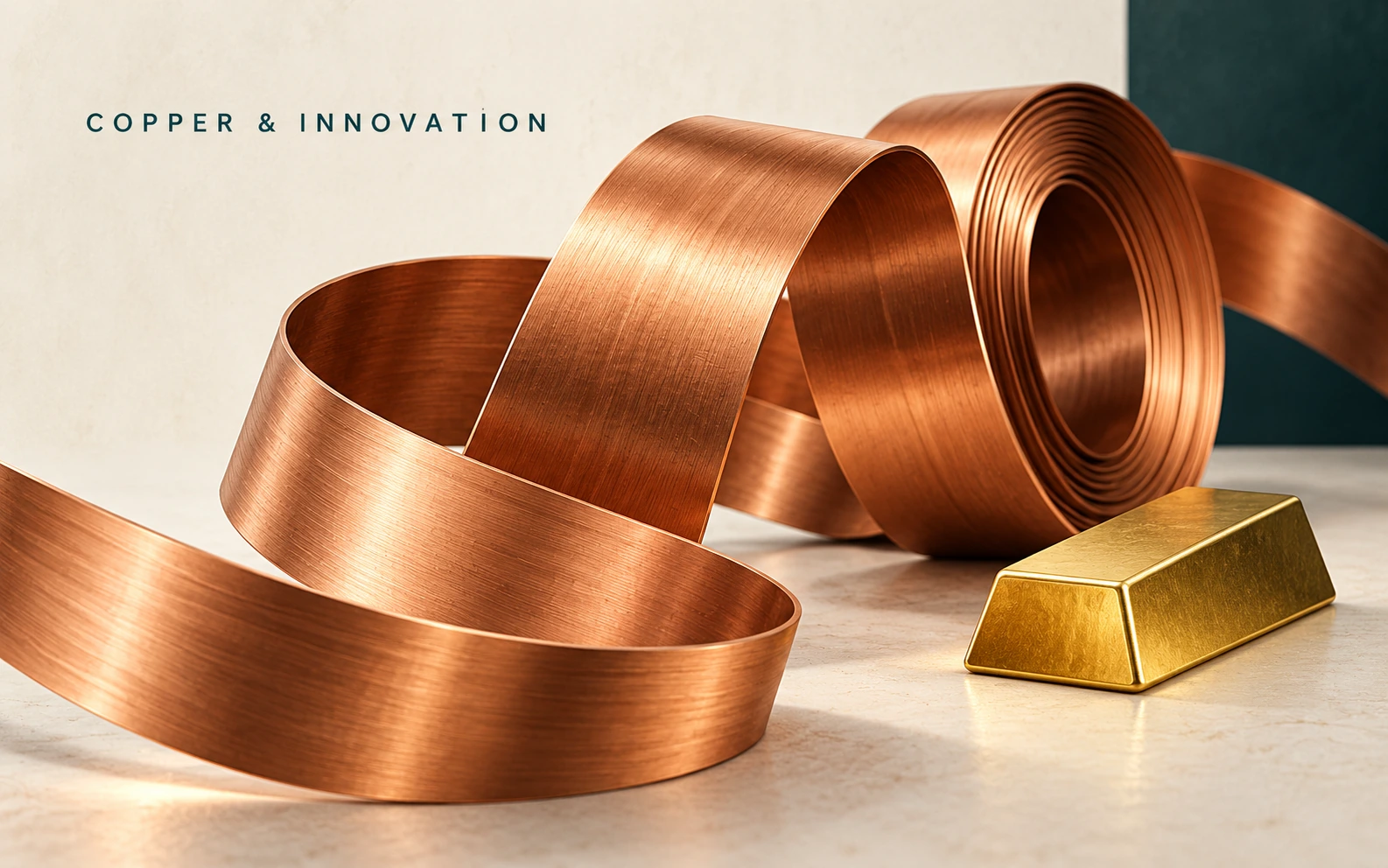 Copper conductor ribbons and a gold ingot, illustrating copper scarcity and materials innovation