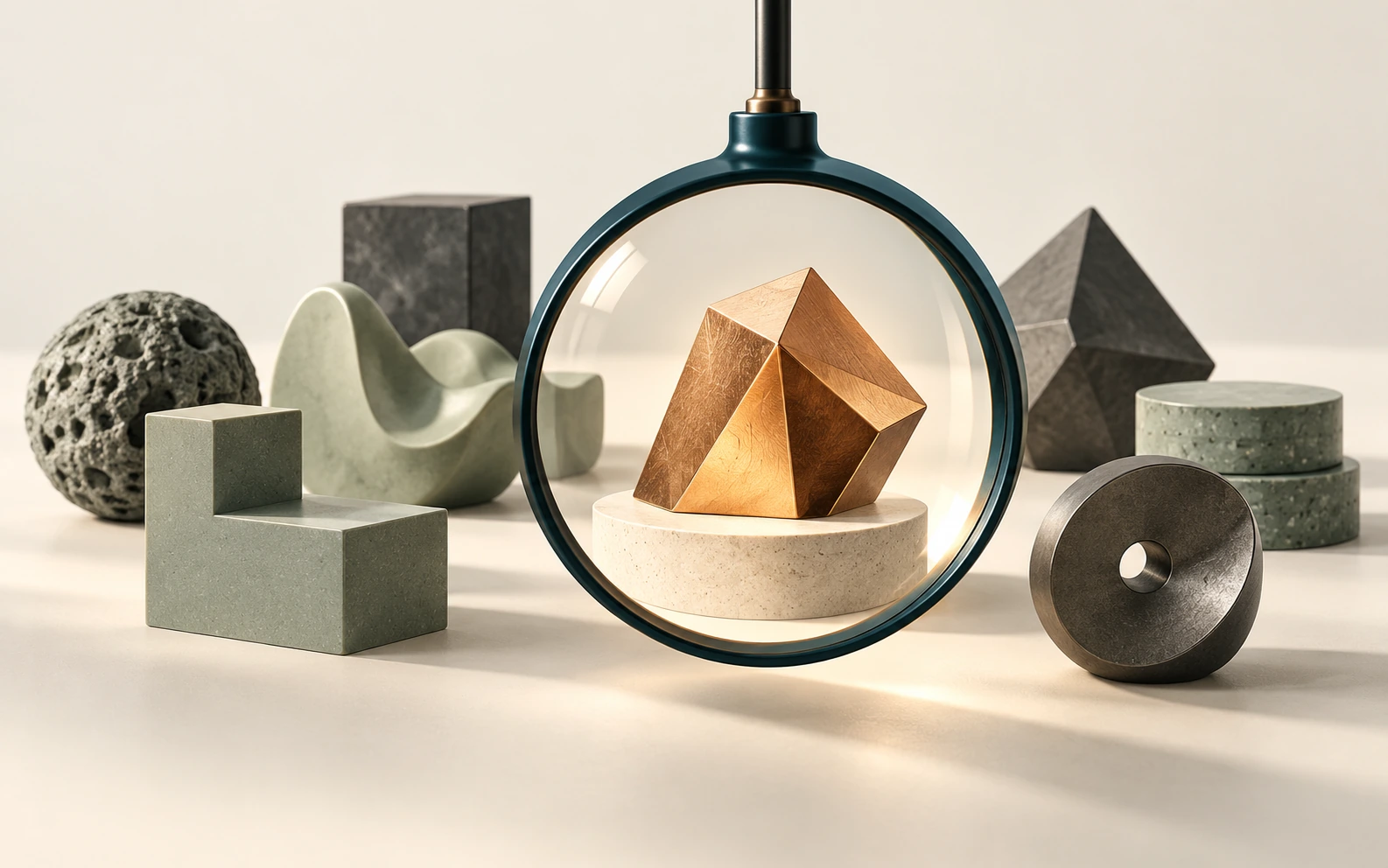 An optical lens highlights a copper form among material prototypes, illustrating disciplined startup selection